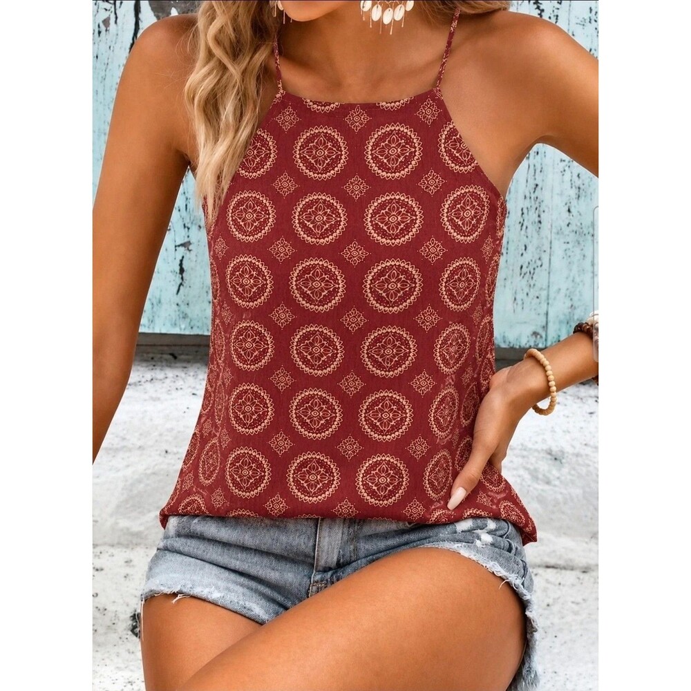 Brandy Melville Kiara Red Medallion Halter Top Boho Bandana Print One Size S